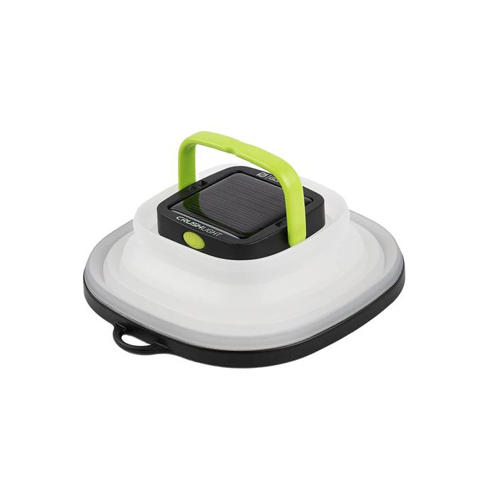 Compact solar lantern with collapsible white silicone body, bright green handle, and black solar panel top, ideal for emergency supplies, camping, and solar LED lighting collections.