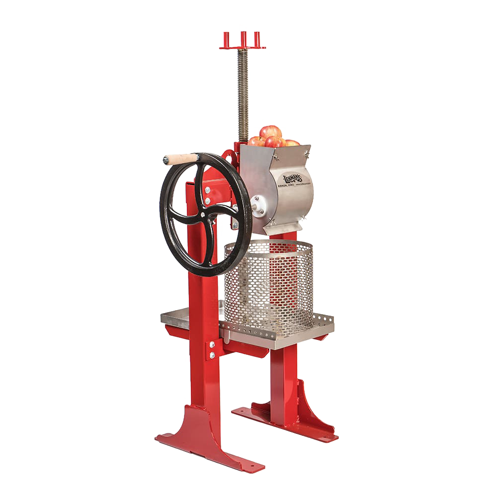 Handcrafted Lehman’s stainless steel apple press with a bright red frame and large black crank wheel, designed for farm, orchard, and garden use, featured in USA Made and Best Sellers collections.