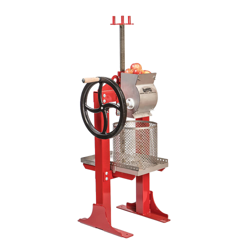 Handcrafted Lehman’s stainless steel apple press with a bright red frame and large black crank wheel, designed for farm, orchard, and garden use, featured in USA Made and Best Sellers collections.