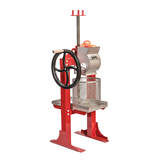 Handcrafted Lehman’s stainless steel apple press with a bright red frame and large black crank wheel, designed for farm, orchard, and garden use, featured in USA Made and Best Sellers collections.