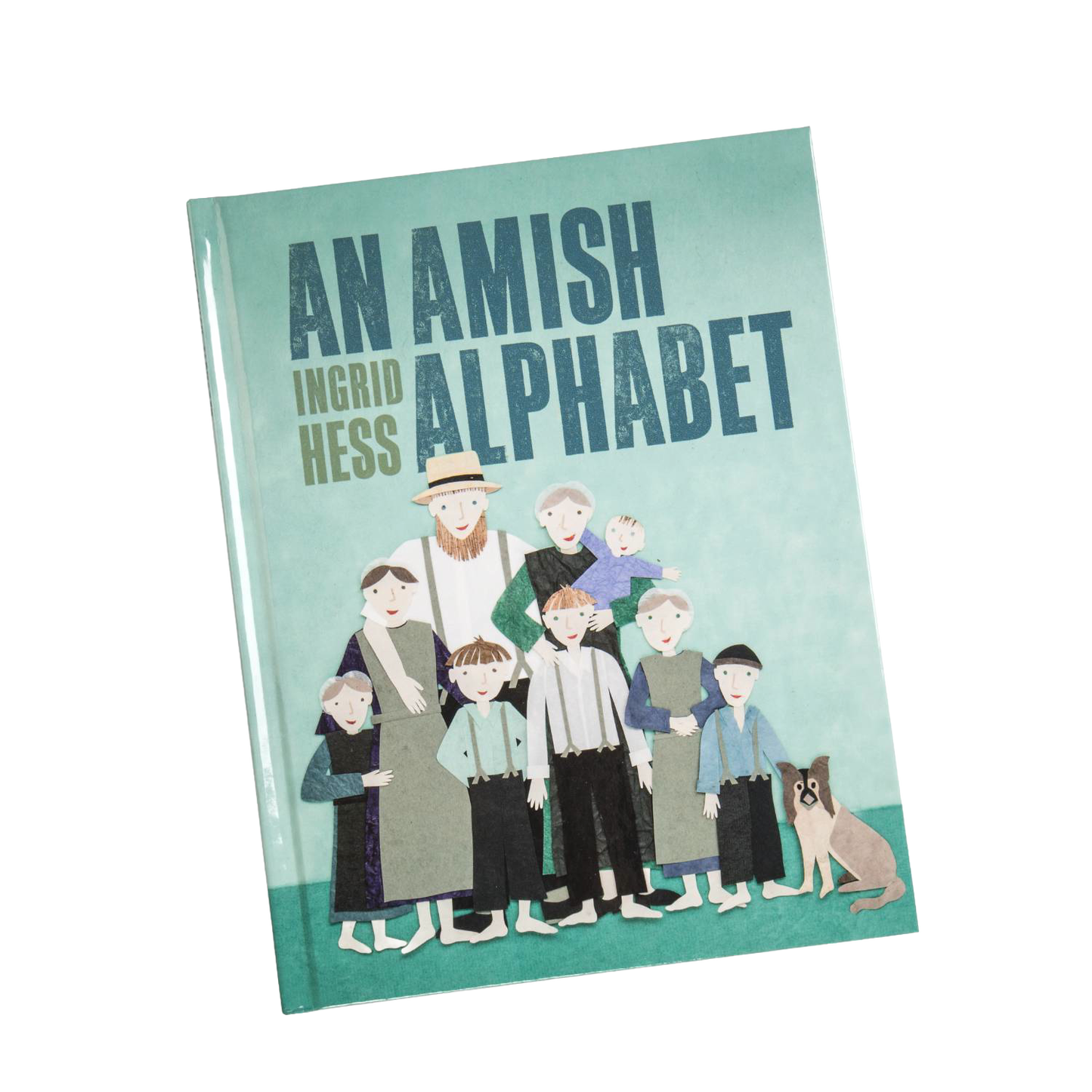 Hardcover book titled "An Amish Alphabet" by Ingrid Hess featuring illustrated Amish family and a dog on a teal background, handcrafted, ideal for Toys, Books & Games and Heritage collections