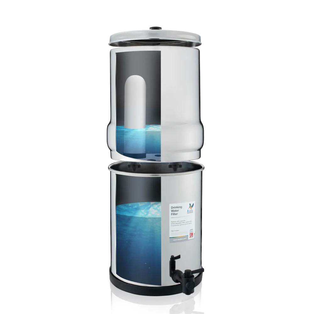 Stainless steel gravity water filter with two-chamber design and integrated ceramic filter element, featured in Farm, Garden & Tool, Camping, and Water Heating and Treatment collections.
