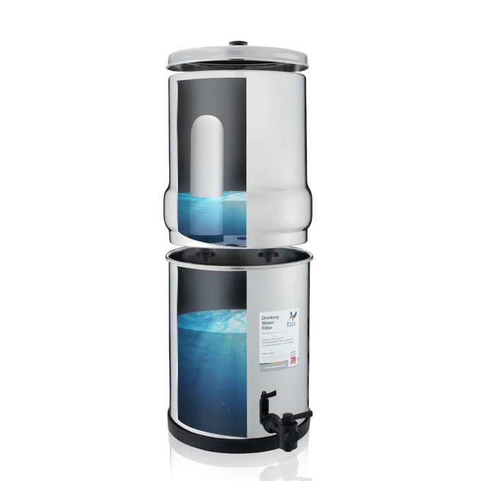 Stainless steel gravity water filter with two-chamber design and integrated ceramic filter element, featured in Farm, Garden & Tool, Camping, and Water Heating and Treatment collections.