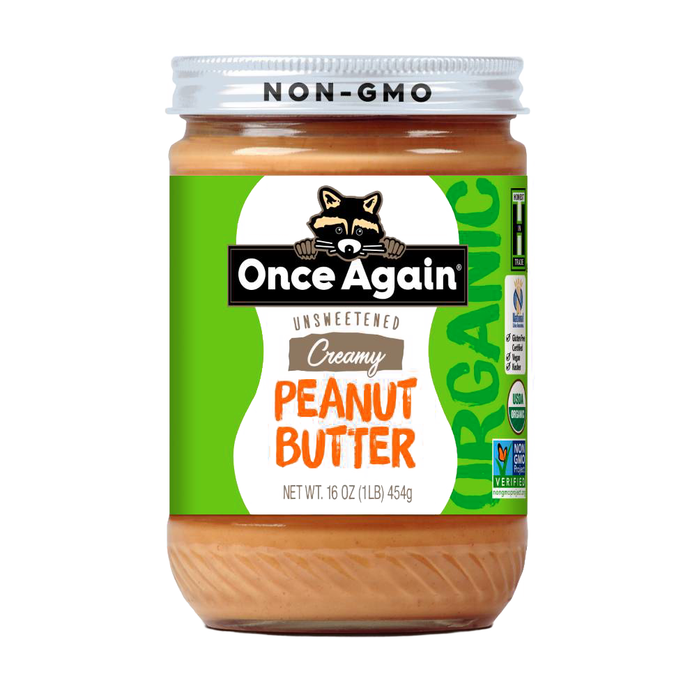 Glass jar of handcrafted creamy unsweetened non-GMO peanut butter made in USA, ideal for Kitchen & Food, Peanut Butter & Jellies, Gluten Free, Best Sellers, and Promo Eligible collections