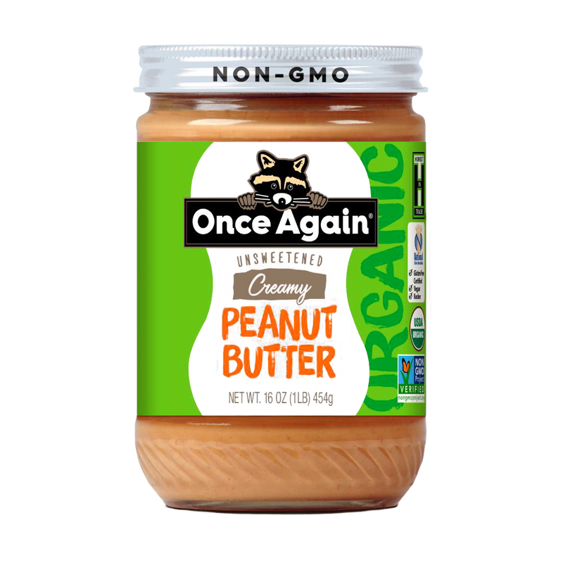 Glass jar of handcrafted creamy unsweetened non-GMO peanut butter made in USA, ideal for Kitchen & Food, Peanut Butter & Jellies, Gluten Free, Best Sellers, and Promo Eligible collections