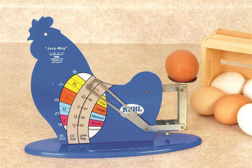 Blue handmade metal poultry-shaped gravity egg scale with color-coded weight and size indicators, ideal for Farm, Garden & Tool, Animal Care, Best Sellers, and Promo Eligible collections.