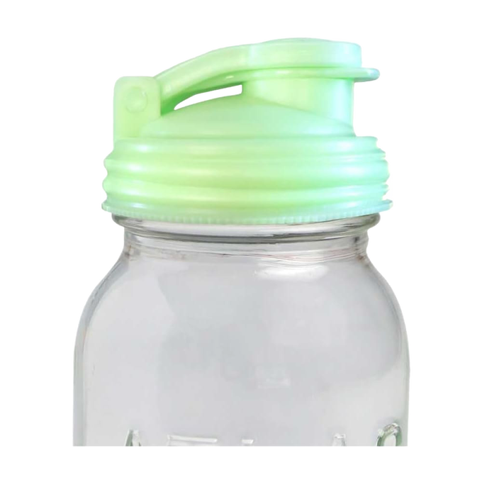 Light green pour lid with a flip-top spout and carry loop, designed for regular-mouth mason jars, made in the USA, ideal for Kitchen & Food, Kitchen Gadgets, and Best Sellers collections.
