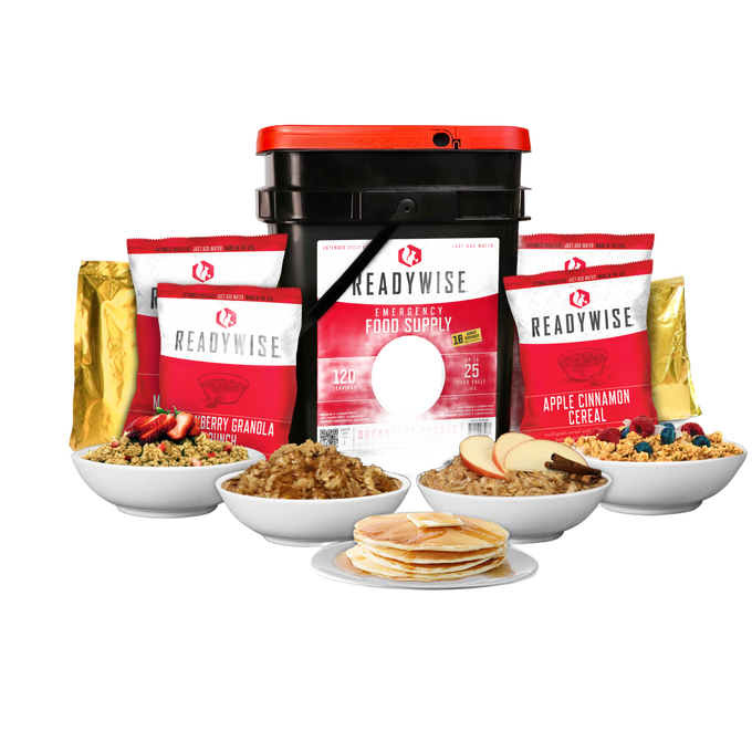 Emergency food bucket with 120 servings of breakfast cereals and granola in resealable pouches, made in USA, ideal for Farm, Garden & Tool, Kitchen & Food, Emergency Supplies, Pantry, and Best Sellers collections.