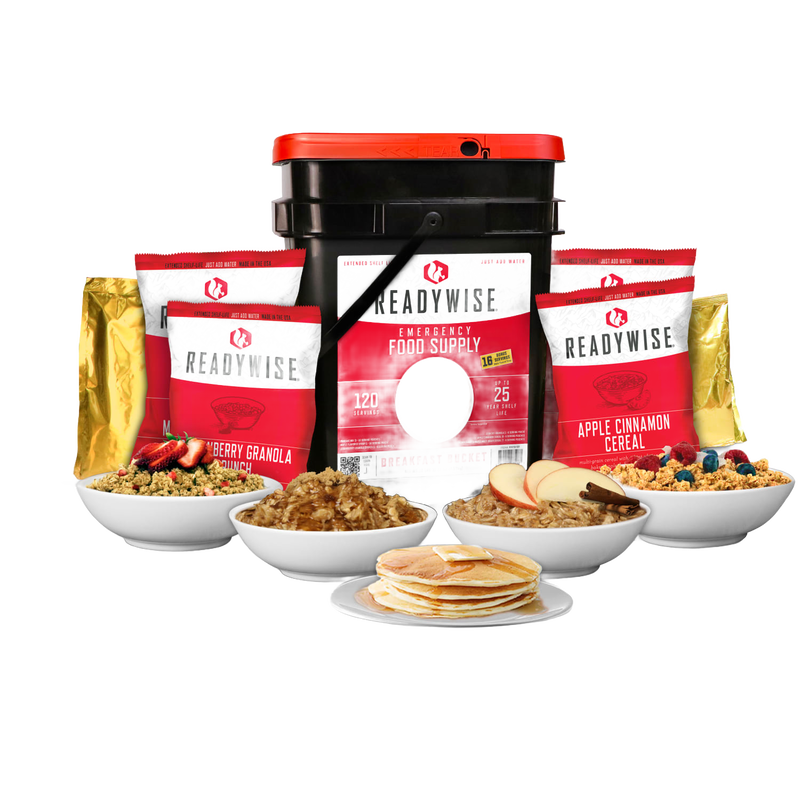 Emergency food bucket with 120 servings of breakfast cereals and granola in resealable pouches, made in USA, ideal for Farm, Garden & Tool, Kitchen & Food, Emergency Supplies, Pantry, and Best Sellers collections.