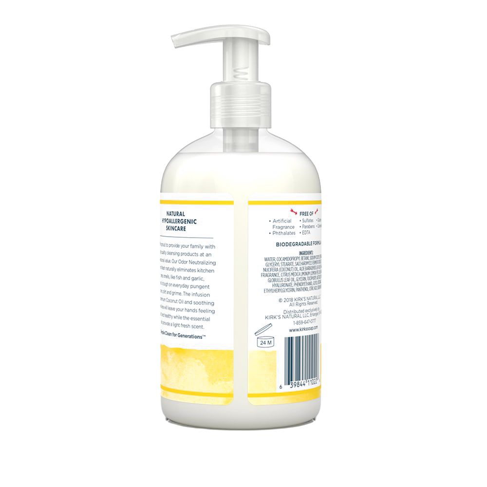 Bottle of Kirk's Odor Neutralizing Hydrating Hand Wash with a pump dispenser, featuring natural ingredients like coconut oil and aloe vera, made in the USA, in Health & Wellness and Soaps collections.