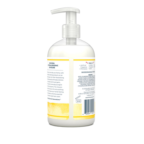 Bottle of Kirk's Odor Neutralizing Hydrating Hand Wash with a pump dispenser, featuring natural ingredients like coconut oil and aloe vera, made in the USA, in Health & Wellness and Soaps collections.