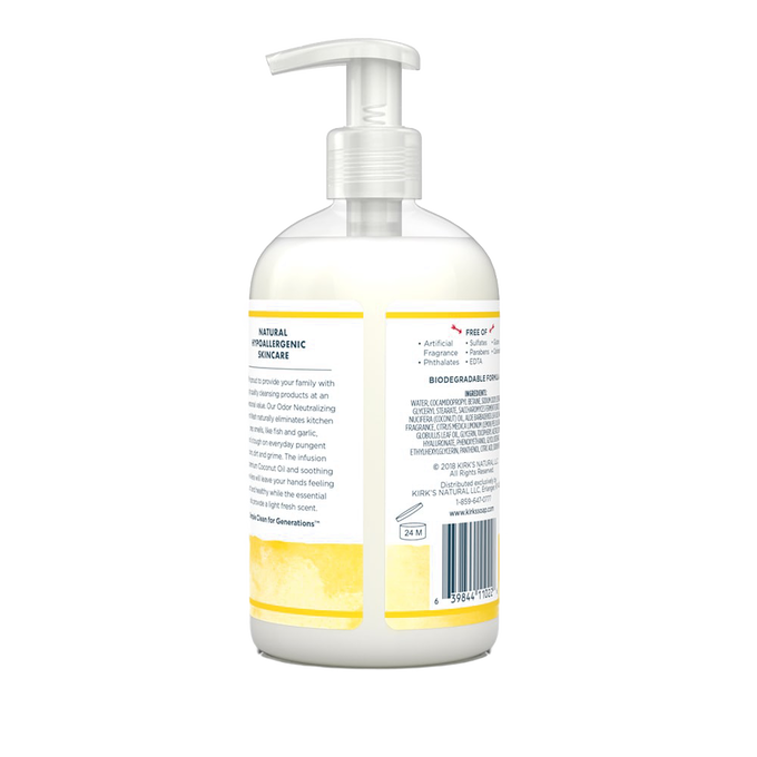 Bottle of Kirk's Odor Neutralizing Hydrating Hand Wash with a pump dispenser, featuring natural ingredients like coconut oil and aloe vera, made in the USA, in Health & Wellness and Soaps collections.