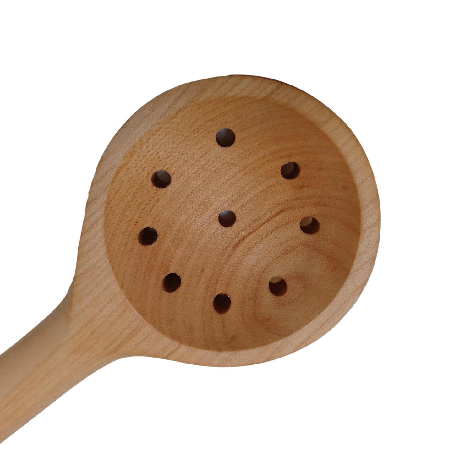 Handcrafted solid American Hard Maple wooden spoon with perforated bowl, designed for stirring and straining, ideal for Kitchen & Food, Holiday Hosting, and USA Made collections.