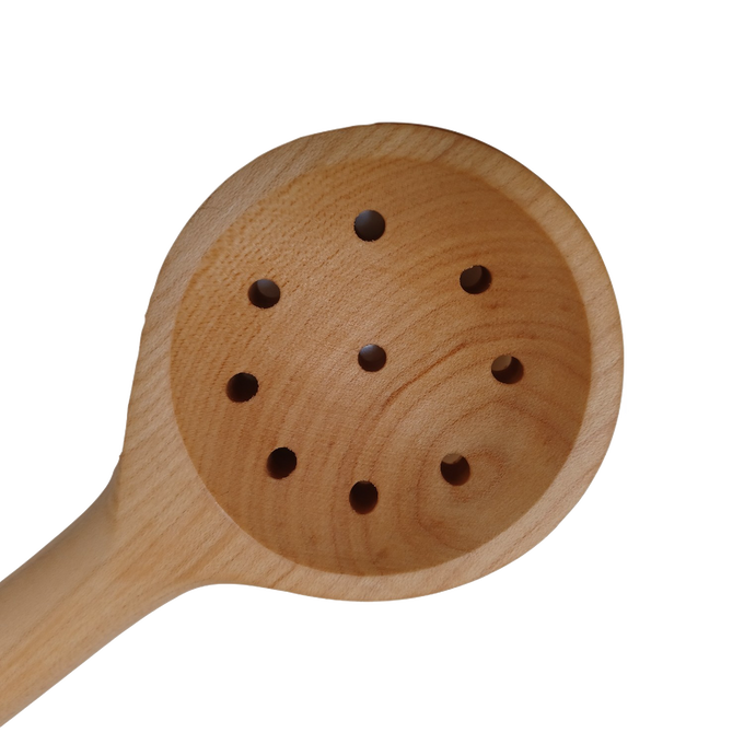 Handcrafted solid American Hard Maple wooden spoon with perforated bowl, designed for stirring and straining, ideal for Kitchen & Food, Holiday Hosting, and USA Made collections.