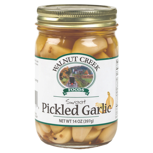Glass jar of handcrafted sweet pickled garlic made in USA, featuring whole peeled cloves in a clear brine, part of Kitchen & Food, Food, Pantry, USA Made, Best Sellers, and Promo Eligible collections.