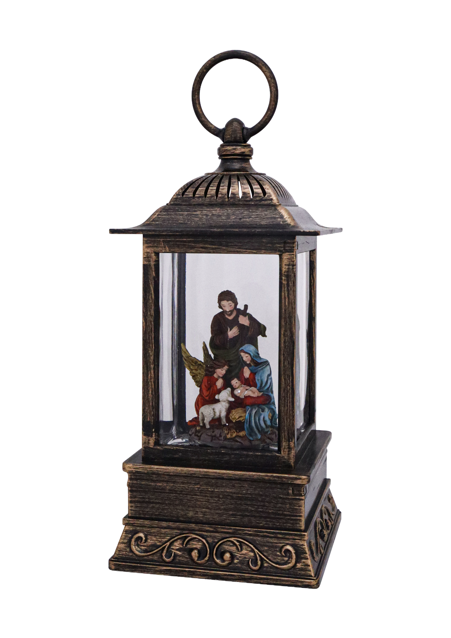 Handcrafted antique-style lantern featuring a detailed nativity scene with Mary, Joseph, angel, and lambs, softly illuminated for Home & Decor, Holiday Decor, Best Sellers, and Promo Eligible collections.