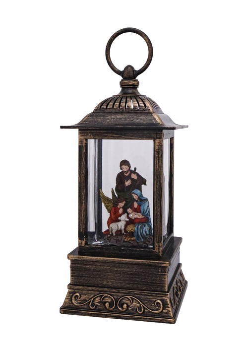 Handcrafted antique-style lantern featuring a detailed nativity scene with Mary, Joseph, angel, and lambs, softly illuminated for Home & Decor, Holiday Decor, Best Sellers, and Promo Eligible collections.