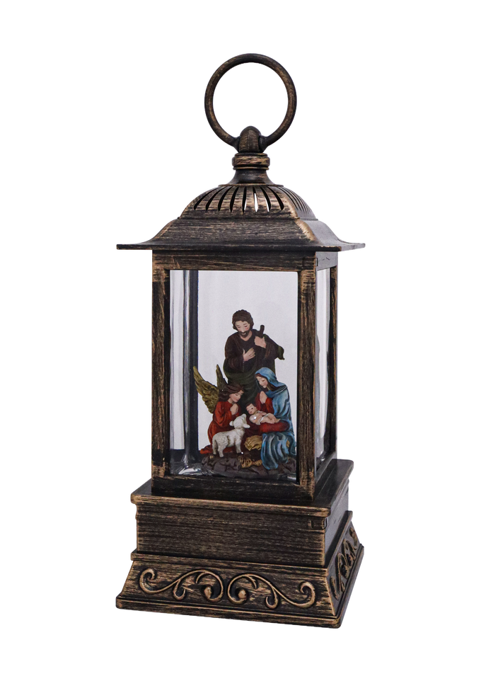 Handcrafted antique-style lantern featuring a detailed nativity scene with Mary, Joseph, angel, and lambs, softly illuminated for Home & Decor, Holiday Decor, Best Sellers, and Promo Eligible collections.