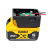 Black plastic battery light adapter housing with internal circuit board and wiring, including a power switch, shown mounted on a yellow DeWalt 20V XR 5Ah battery, ideal for Lamps & Lighting, Battery, Solar, LED, and Best Sellers collections.