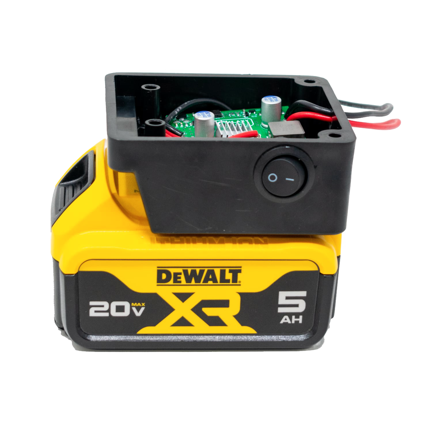 Black plastic battery light adapter housing with internal circuit board and wiring, including a power switch, shown mounted on a yellow DeWalt 20V XR 5Ah battery, ideal for Lamps & Lighting, Battery, Solar, LED, and Best Sellers collections.