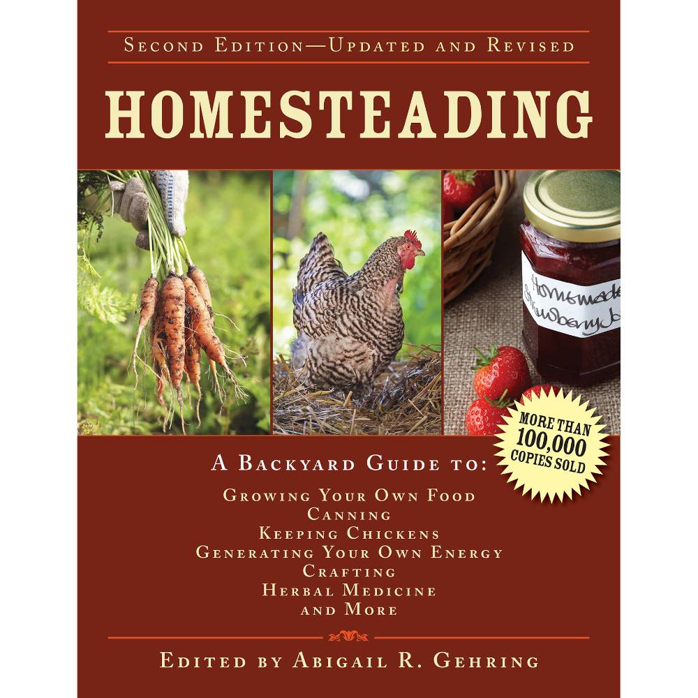 Cover of a homesteading guidebook featuring images of freshly harvested carrots, a chicken in a nest, and homemade strawberry jam, highlighting sustainable living and self-sufficiency topics in Farm, Garden & Tool and Homesteading collections.