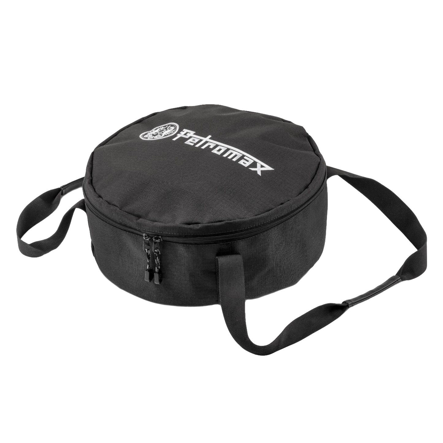 Round black ripstop transport bag with zipper and adjustable shoulder strap, featuring white Petromax logo, designed for outdoor camping use in Farm, Garden & Tool and Best Sellers collections.