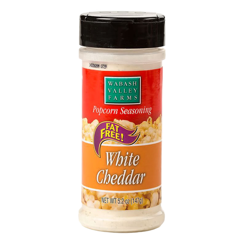 Clear plastic shaker bottle of fat-free white cheddar popcorn seasoning with orange and red label, made in USA, featured in Kitchen & Food, Snacks and Sweets, Popcorn collections.
