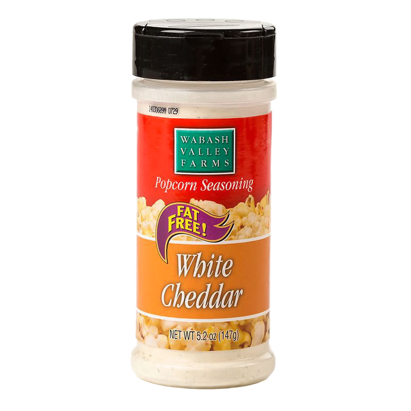 Clear plastic shaker bottle of fat-free white cheddar popcorn seasoning with orange and red label, made in USA, featured in Kitchen & Food, Snacks and Sweets, Popcorn collections.