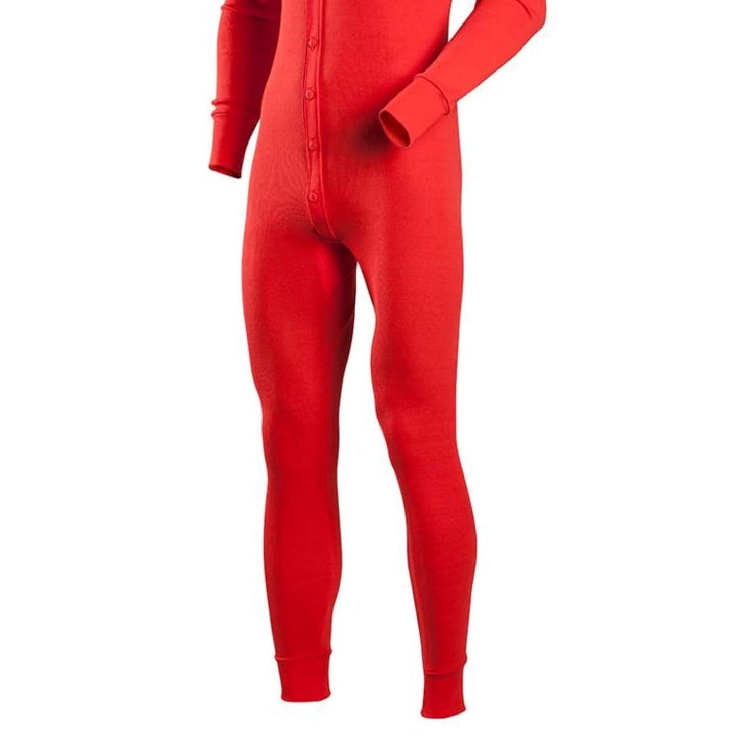 Handcrafted men’s full-cut thermal union suit in vibrant red with smooth 1x1 rib knit and full button front, featured in Health & Wellness, Clothing and Accessories, and Best Sellers collections.