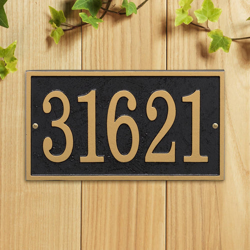 Rectangular black and gold custom address plaque with bold numbers, handcrafted in USA, designed to enhance curb appeal, featured in Home & Decor and Mailboxes and Address Signs collections.