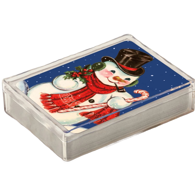 Handcrafted vintage-style playing card deck featuring festive snowman illustrations with bright red scarf and top hat, ideal for Home & Decor, Holiday Decor, Best Sellers, and Promo Eligible collections.