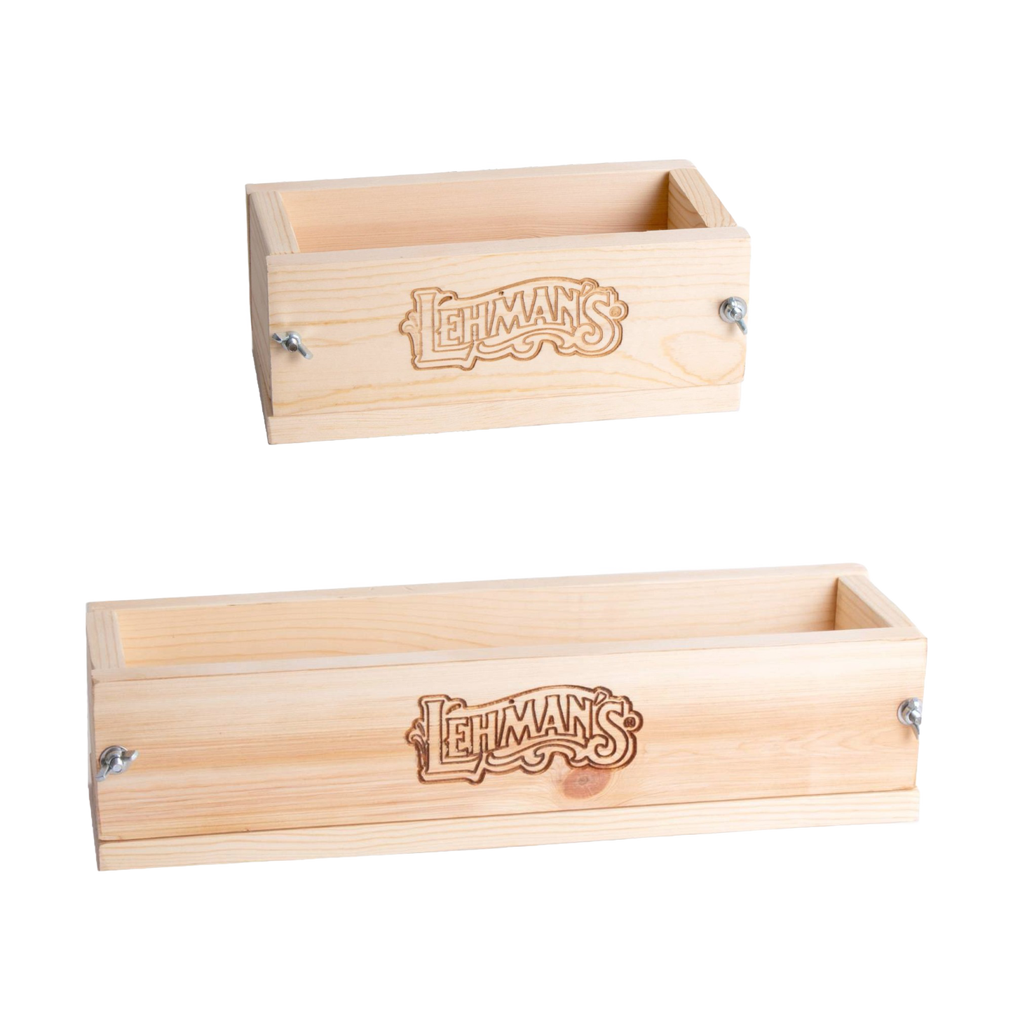 Two handcrafted wooden soap loaf molds made of durable pine with branded engraving, designed for traditional soapmaking in Health & Wellness and USA Made collections.