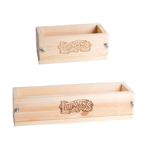 Two handcrafted wooden soap loaf molds made of durable pine with branded engraving, designed for traditional soapmaking in Health & Wellness and USA Made collections.