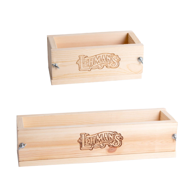Two handcrafted wooden soap loaf molds made of durable pine with branded engraving, designed for traditional soapmaking in Health & Wellness and USA Made collections.