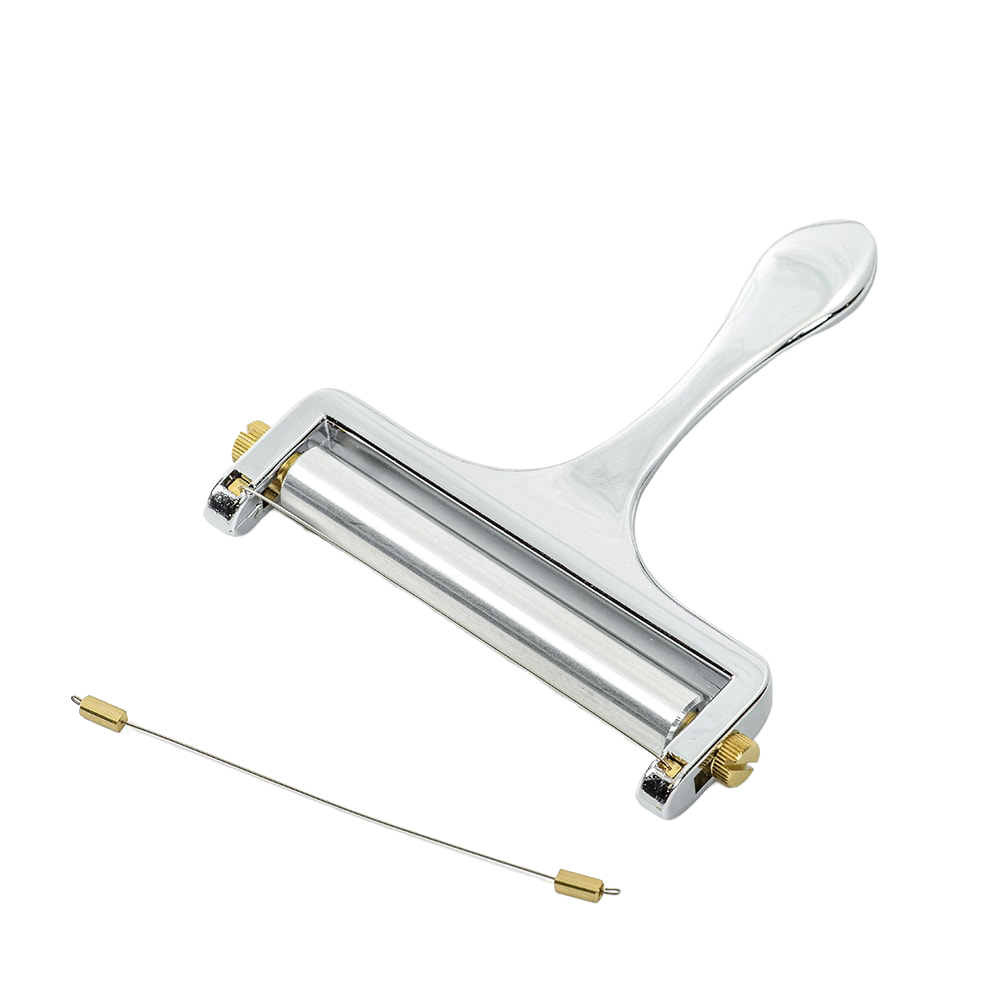 Heavy-duty zinc alloy handheld cheese slicer with ergonomic handle, adjustable thickness, and extra cutting wire, ideal for Kitchen & Food, Food Prep, and Kitchen Gadgets collections.
