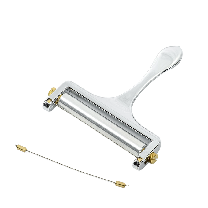Heavy-duty zinc alloy handheld cheese slicer with ergonomic handle, adjustable thickness, and extra cutting wire, ideal for Kitchen & Food, Food Prep, and Kitchen Gadgets collections.