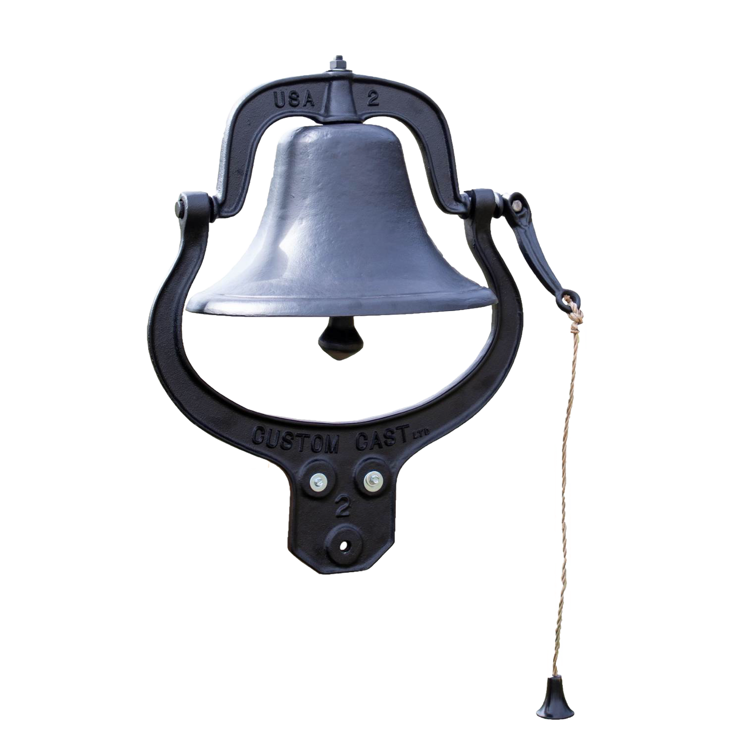 Handcrafted cast aluminum farm bell with black painted finish, featuring a pull chain mountable to a post, ideal for Home & Decor, Farm, Garden & Tool, and Amish Made collections.