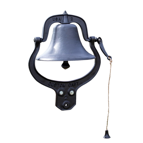Handcrafted cast aluminum farm bell with black painted finish, featuring a pull chain mountable to a post, ideal for Home & Decor, Farm, Garden & Tool, and Amish Made collections.