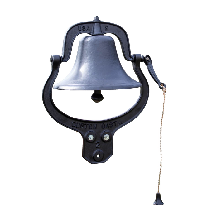 Handcrafted cast aluminum farm bell with black painted finish, featuring a pull chain mountable to a post, ideal for Home & Decor, Farm, Garden & Tool, and Amish Made collections.