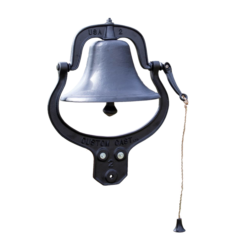 Handcrafted cast aluminum farm bell with black painted finish, featuring a pull chain mountable to a post, ideal for Home & Decor, Farm, Garden & Tool, and Amish Made collections.