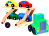 Wooden toy car carrier truck with a green cab and two-level natural wood trailer holding four colorful cars, a handcrafted children’s toy for indoor play and best sellers in wooden toys.