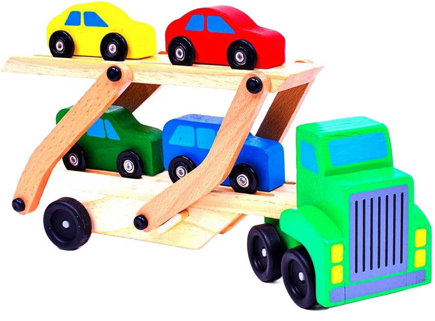 Wooden toy car carrier truck with a green cab and two-level natural wood trailer holding four colorful cars, a handcrafted children’s toy for indoor play and best sellers in wooden toys.