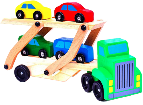 Wooden toy car carrier truck with a green cab and two-level natural wood trailer holding four colorful cars, a handcrafted children’s toy for indoor play and best sellers in wooden toys.