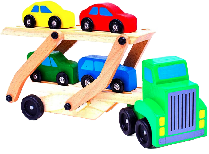 Wooden toy car carrier truck with a green cab and two-level natural wood trailer holding four colorful cars, a handcrafted children’s toy for indoor play and best sellers in wooden toys.
