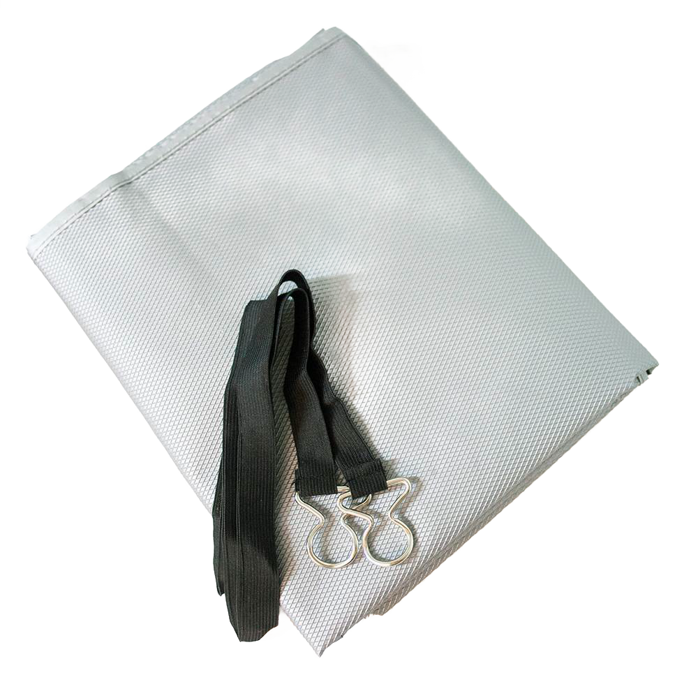 Folded gray textured outdoor air conditioner cover paired with a black elastic strap featuring metal clasps, designed for secure fit in Home & Decor, Household Helpers, and Best Sellers collections.