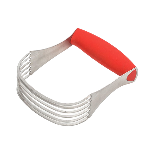 Pastry hand blender with thick stainless steel blades and a rubberized red handle, designed for blending butter and shortening, featured in Kitchen Gadgets and Baking Supplies collections.