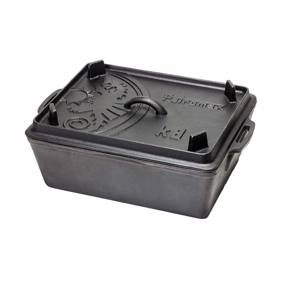 Rectangular cast iron loaf pan with embossed dragon design on lid, featuring sturdy handles and raised feet, perfect for farm, kitchen, camping, cookware, cast iron, and bread making supplies.