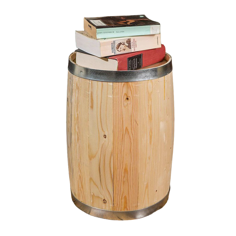 Rustic wooden keg with metal bands topped with a stack of books, serving as a versatile indoor furniture piece for Home & Decor, USA Made, Best Sellers, and Promo Eligible collections.