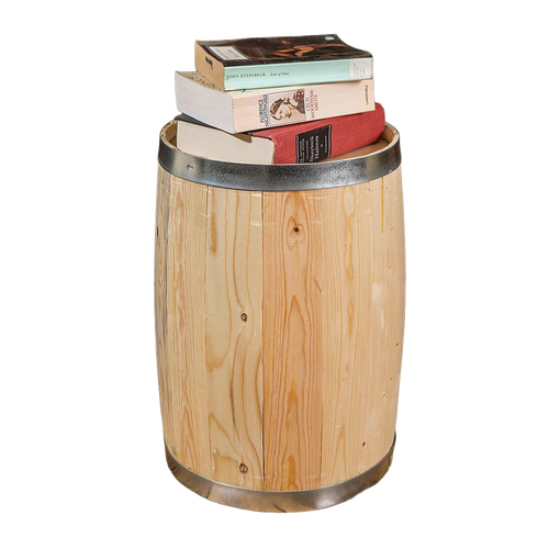 Rustic wooden keg with metal bands topped with a stack of books, serving as a versatile indoor furniture piece for Home & Decor, USA Made, Best Sellers, and Promo Eligible collections.