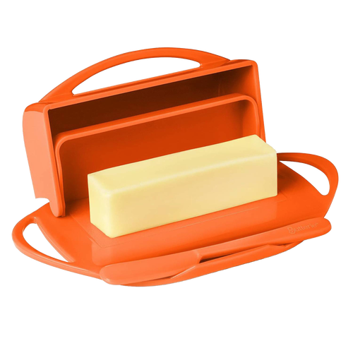 Orange flip-top butter dish featuring a neatly cradled stick of butter and a matching spreader, designed for tidy storage and easy use in Kitchen & Food and Kitchen Gadgets collections.